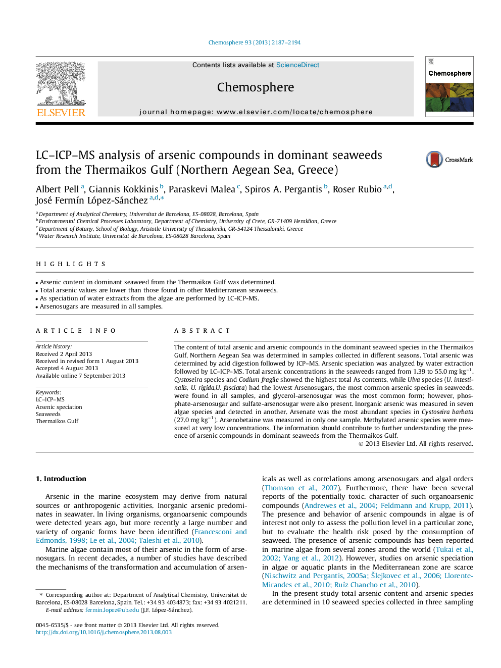 LC-ICP-MS analysis of arsenic compounds in dominant seaweeds from the Thermaikos Gulf (Northern Aegean Sea, Greece)