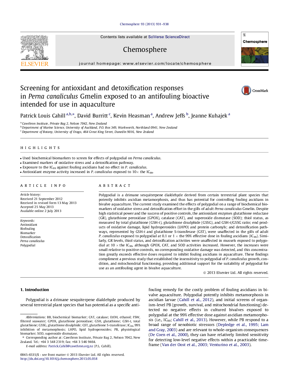 Screening for antioxidant and detoxification responses in Perna canaliculus Gmelin exposed to an antifouling bioactive intended for use in aquaculture