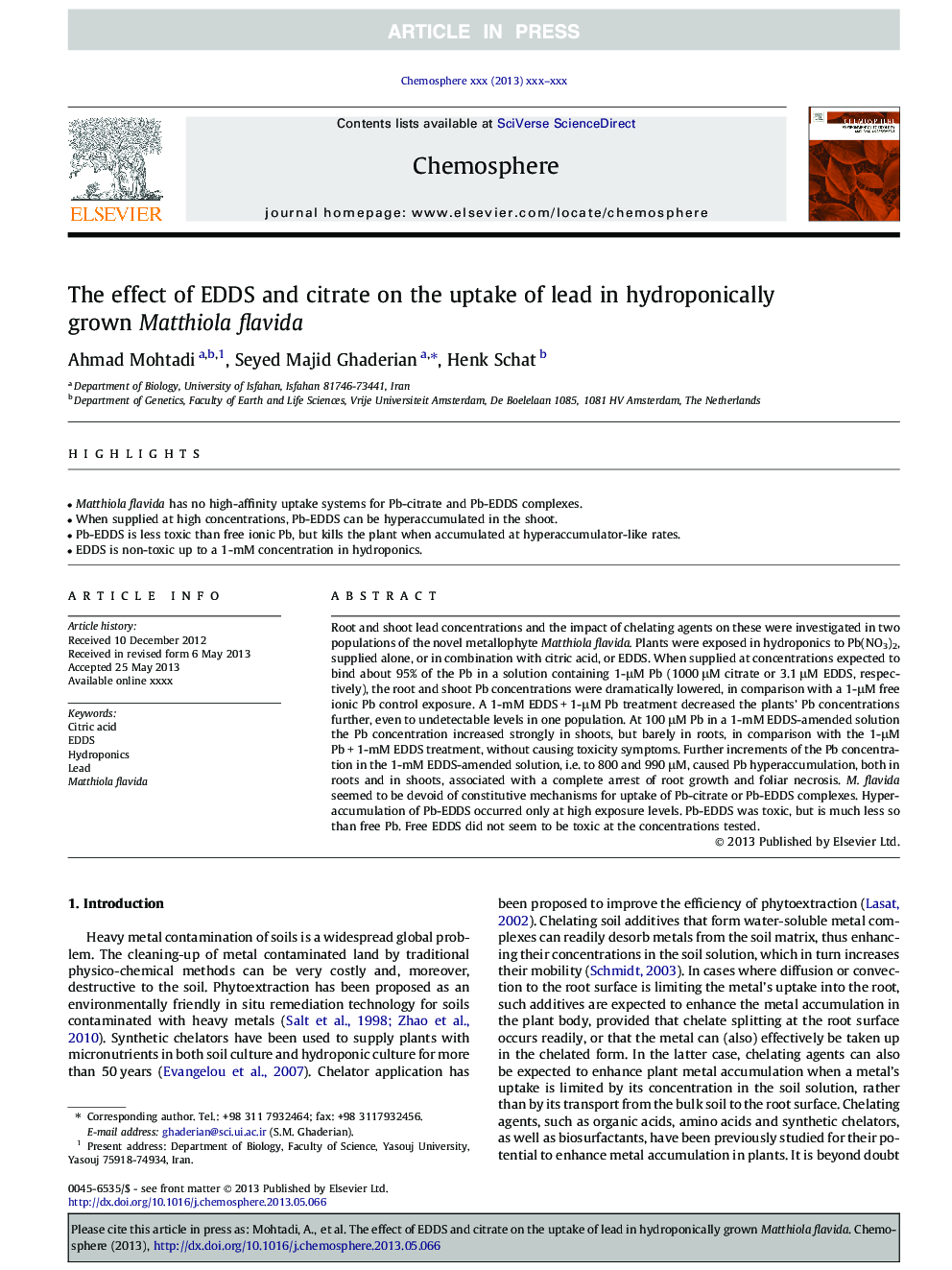 The effect of EDDS and citrate on the uptake of lead in hydroponically grown Matthiola flavida