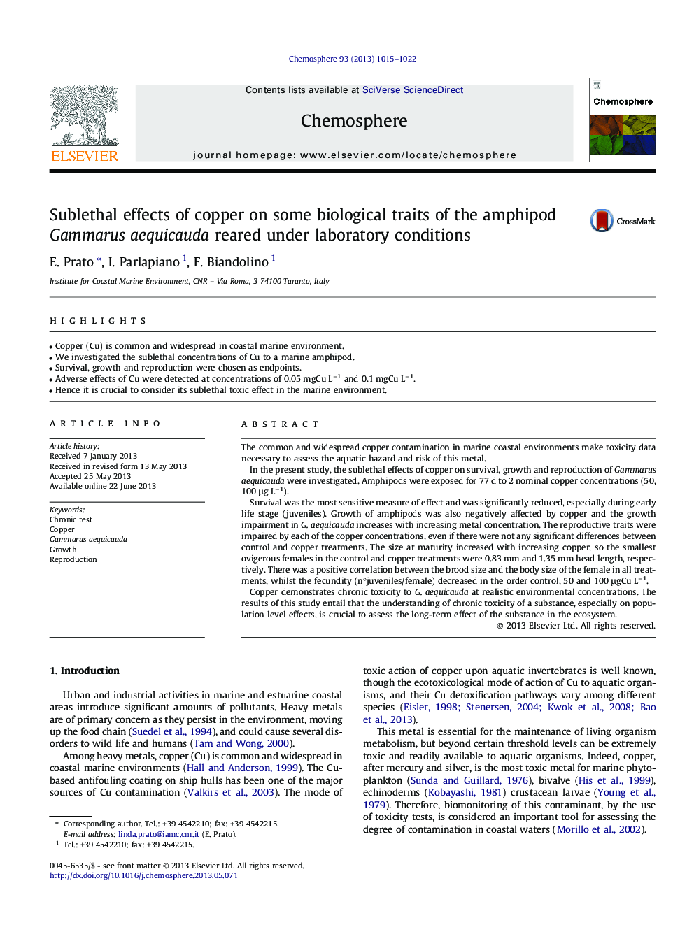 Sublethal effects of copper on some biological traits of the amphipod Gammarus aequicauda reared under laboratory conditions