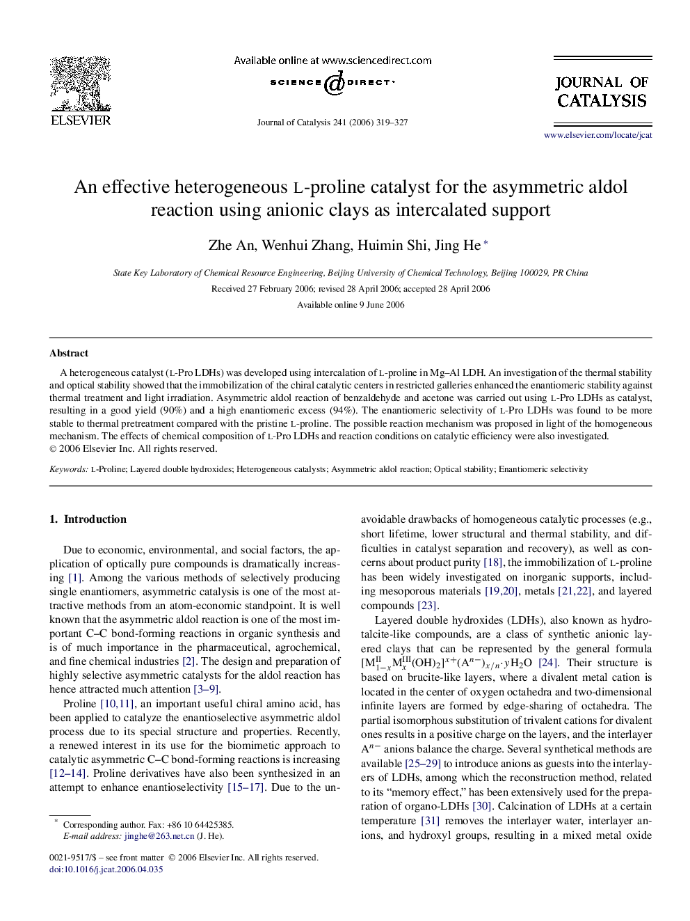 An effective heterogeneous l-proline catalyst for the asymmetric aldol reaction using anionic clays as intercalated support