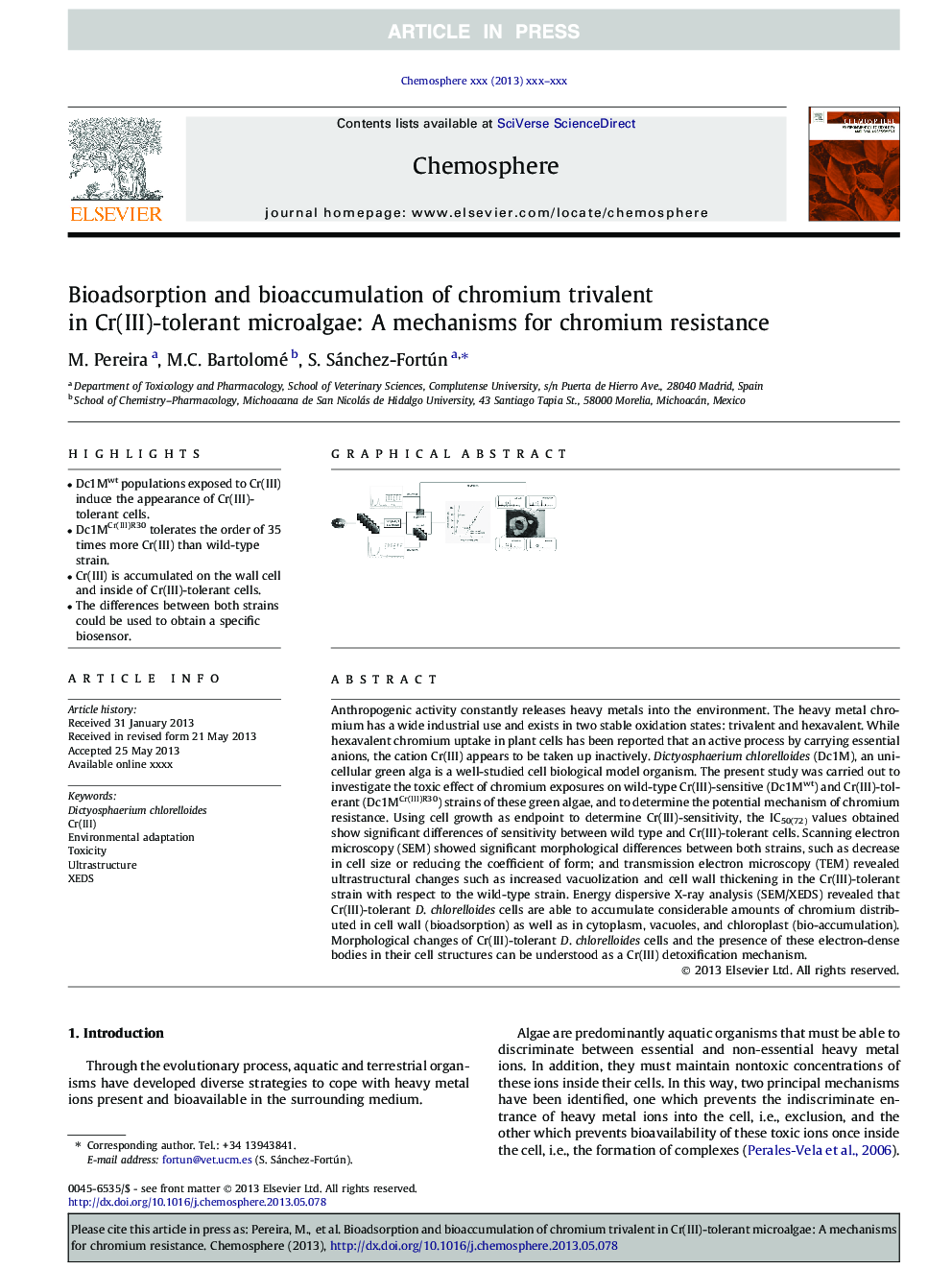 Bioadsorption and bioaccumulation of chromium trivalent in Cr(III)-tolerant microalgae: A mechanisms for chromium resistance