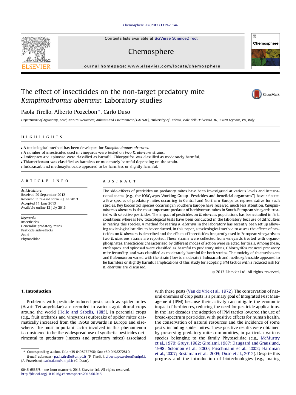 The effect of insecticides on the non-target predatory mite Kampimodromus aberrans: Laboratory studies