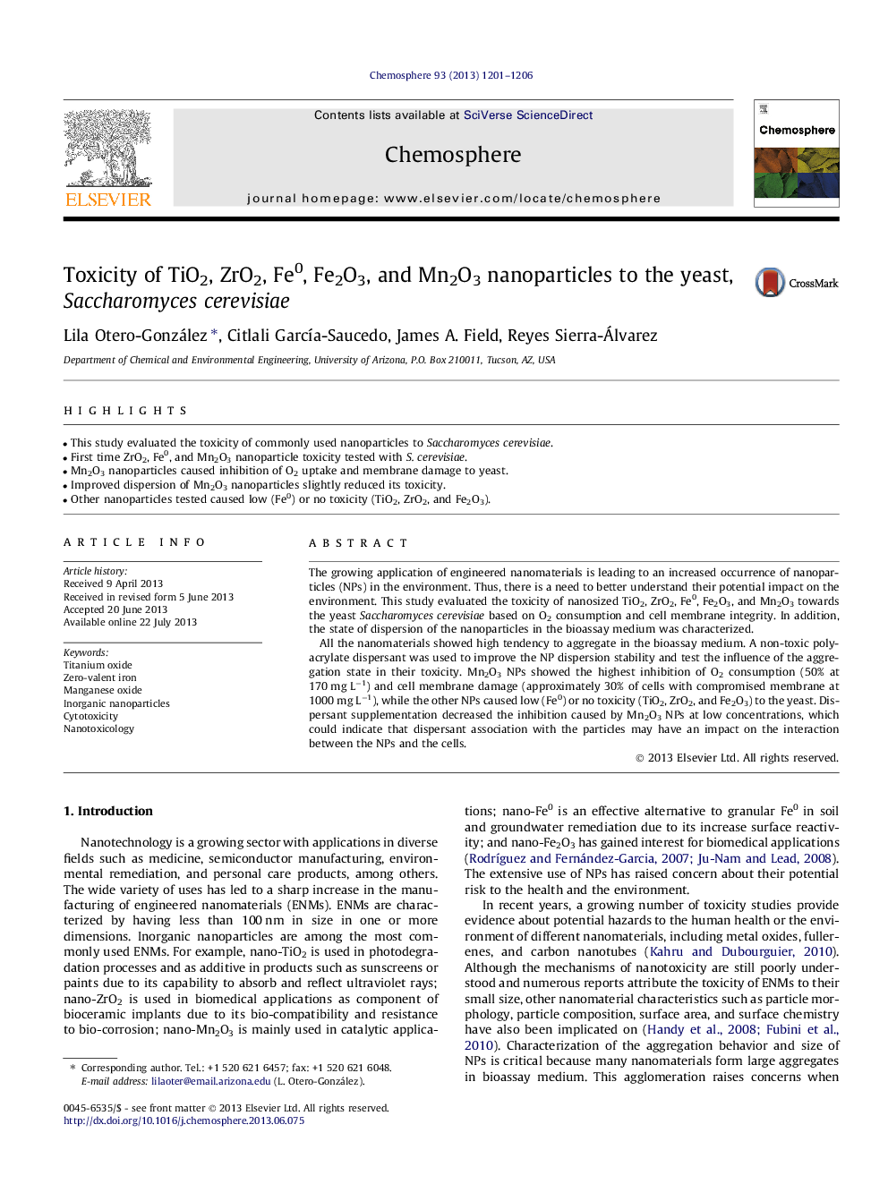 Toxicity of TiO2, ZrO2, Fe0, Fe2O3, and Mn2O3 nanoparticles to the yeast, Saccharomyces cerevisiae