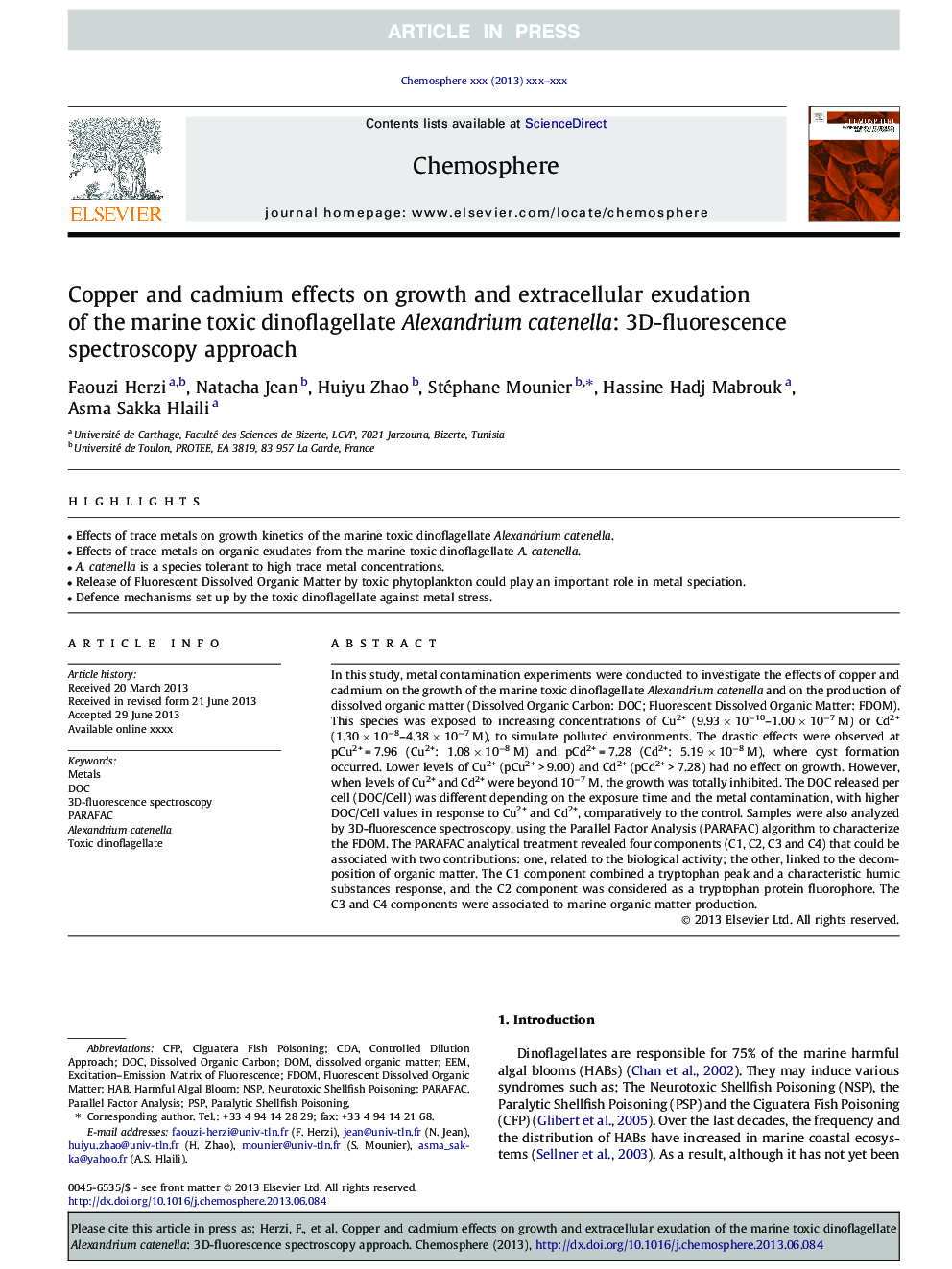 Copper and cadmium effects on growth and extracellular exudation of the marine toxic dinoflagellate Alexandrium catenella: 3D-fluorescence spectroscopy approach