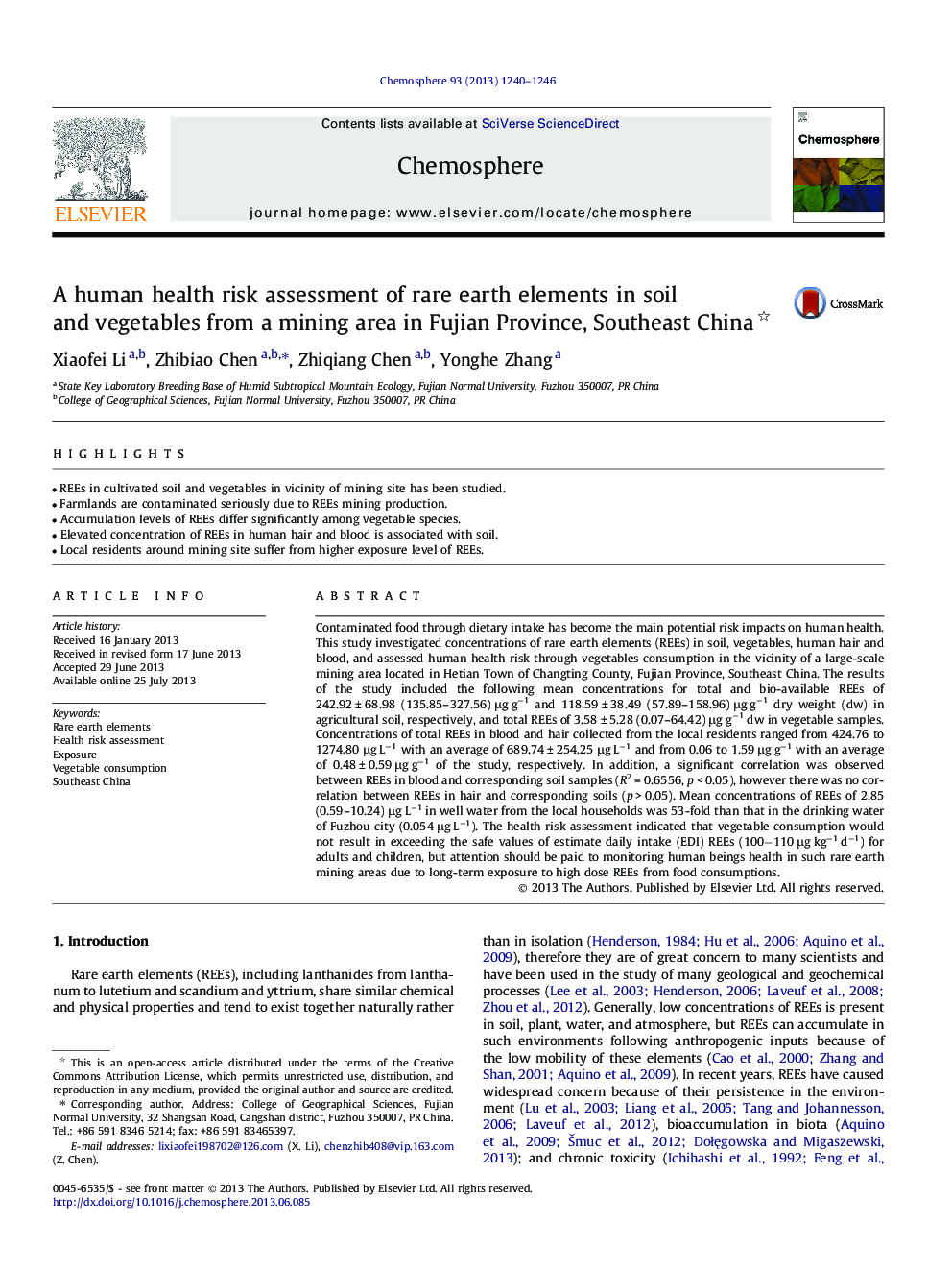 A human health risk assessment of rare earth elements in soil and vegetables from a mining area in Fujian Province, Southeast China