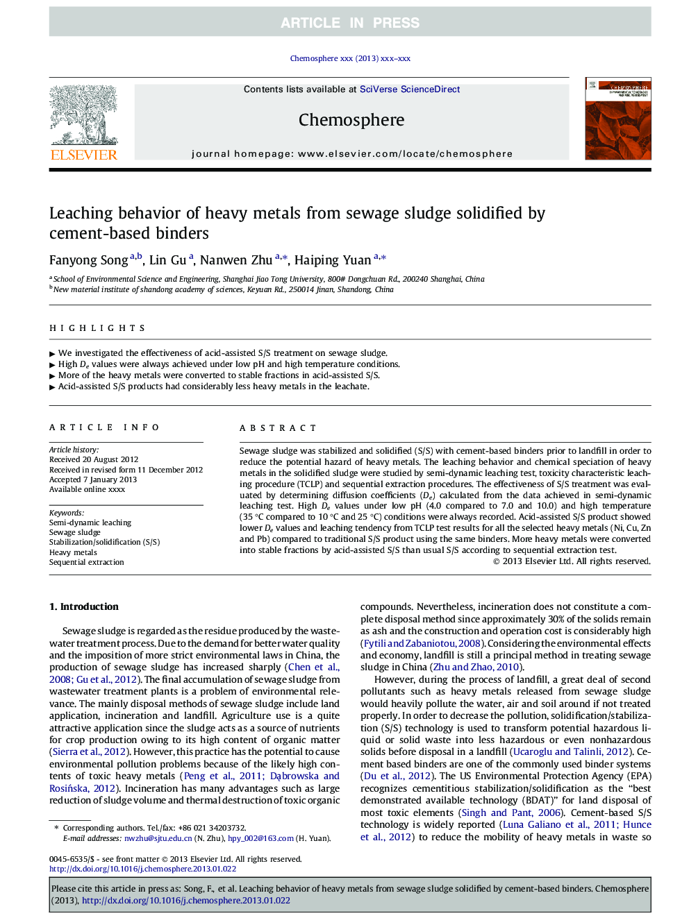 Leaching behavior of heavy metals from sewage sludge solidified by cement-based binders