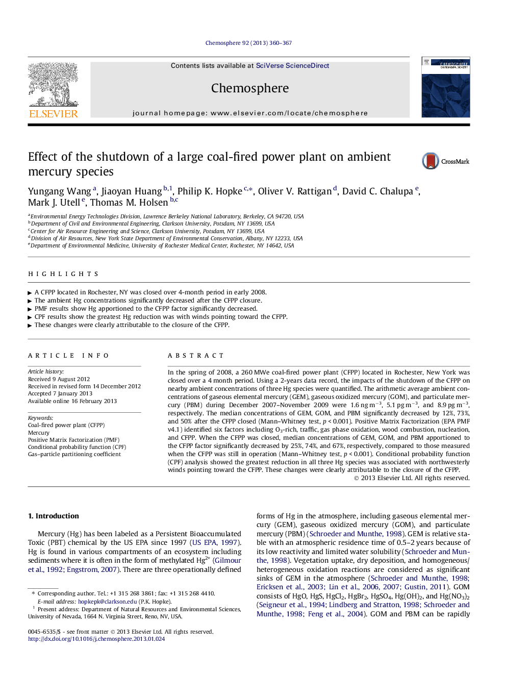 Effect of the shutdown of a large coal-fired power plant on ambient mercury species