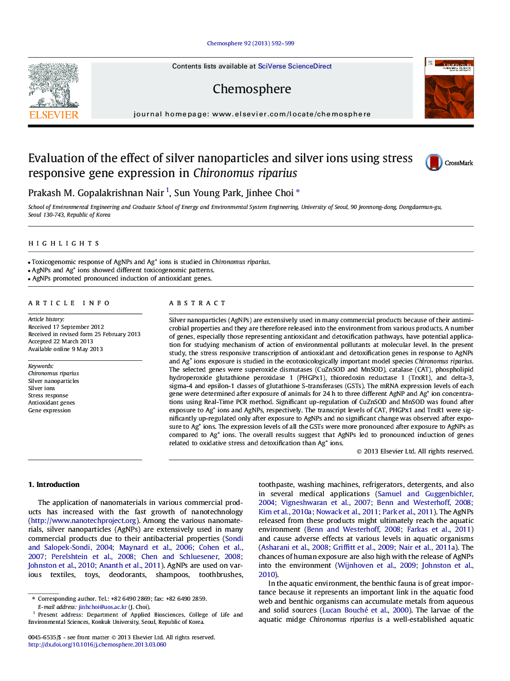 Evaluation of the effect of silver nanoparticles and silver ions using stress responsive gene expression in Chironomus riparius