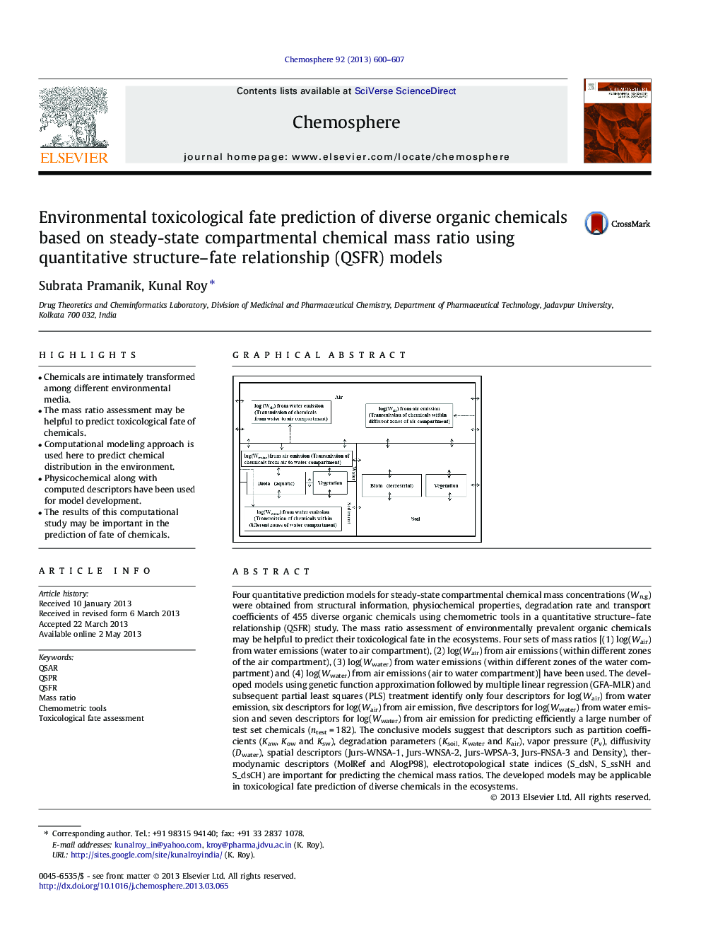 Environmental toxicological fate prediction of diverse organic chemicals based on steady-state compartmental chemical mass ratio using quantitative structure-fate relationship (QSFR) models