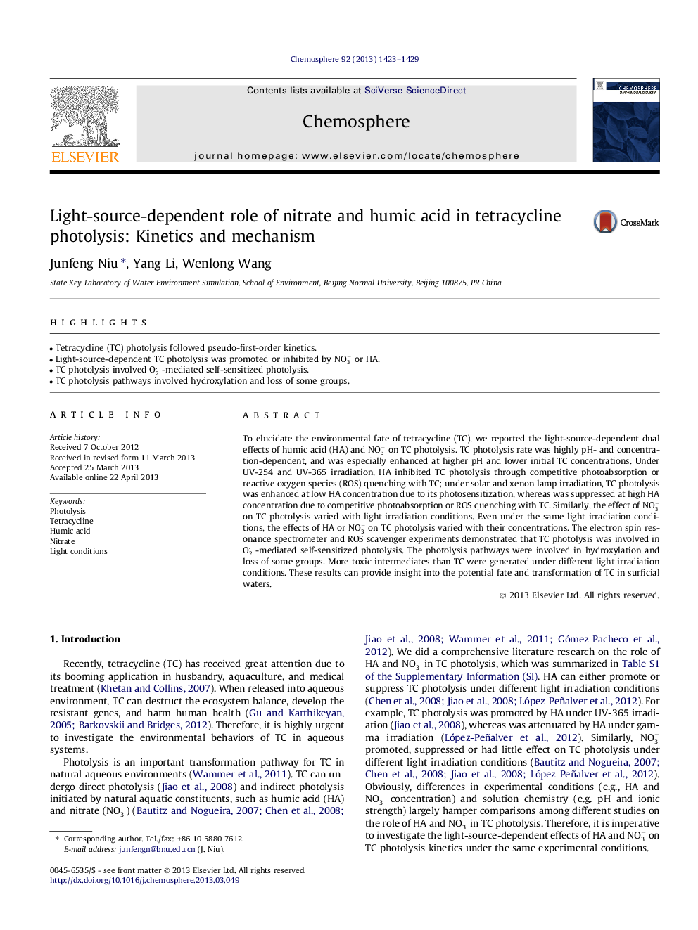 Light-source-dependent role of nitrate and humic acid in tetracycline photolysis: Kinetics and mechanism