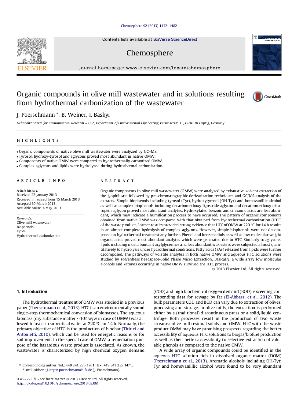 ترکیبات آلی در فاضلاب آسیاب زیتون و در محلول های حاصل از کربنیزاسیون هیدروترمال فاضلاب 