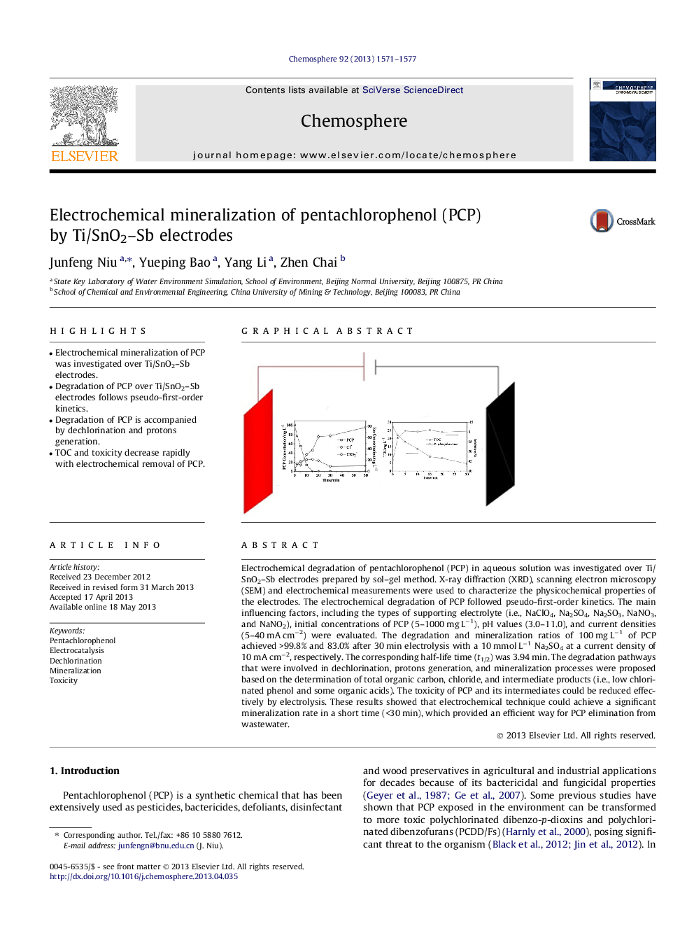 Electrochemical mineralization of pentachlorophenol (PCP) by Ti/SnO2-Sb electrodes