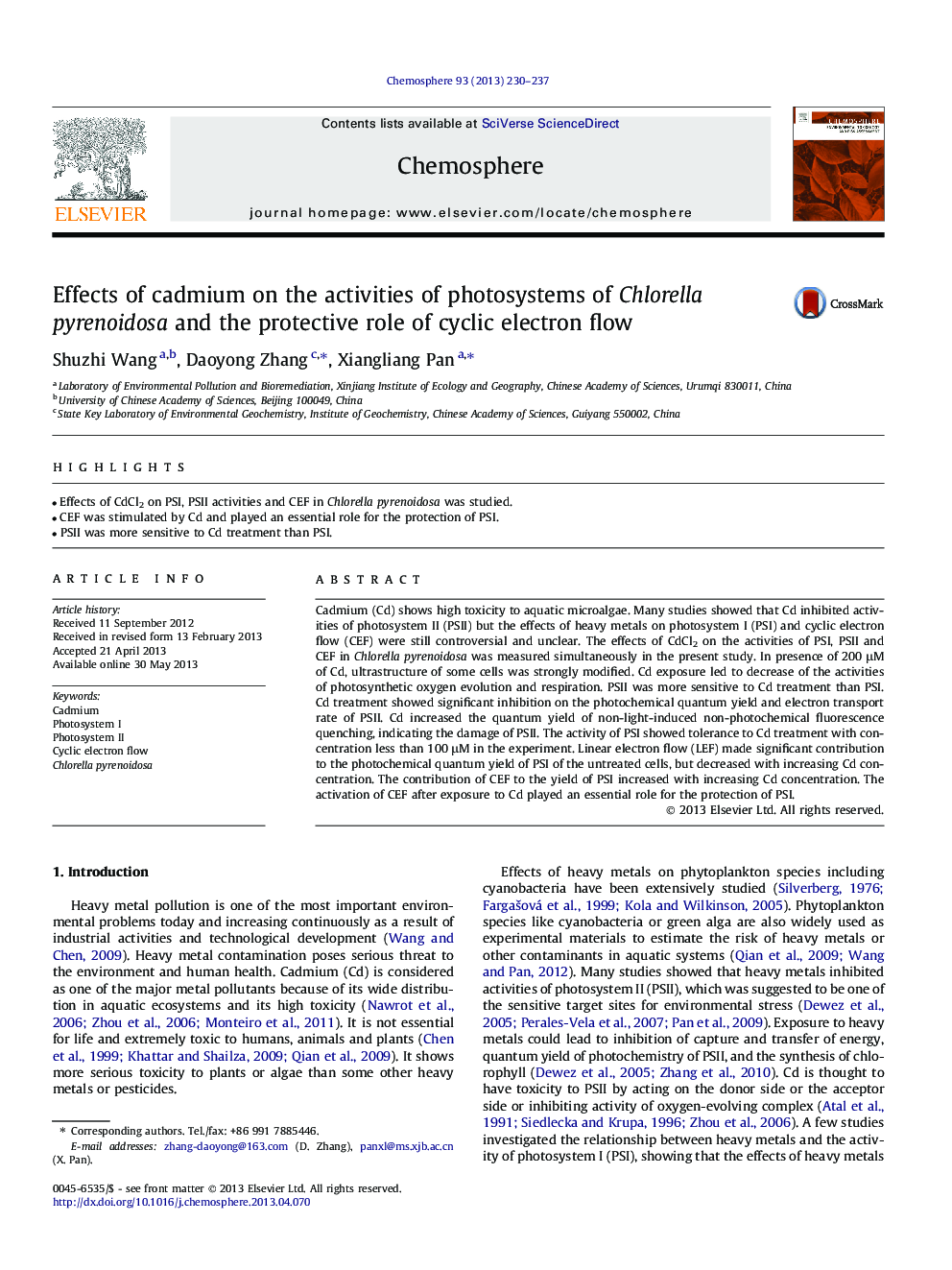 Effects of cadmium on the activities of photosystems of Chlorella pyrenoidosa and the protective role of cyclic electron flow