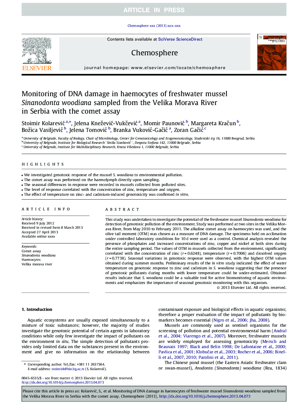 Monitoring of DNA damage in haemocytes of freshwater mussel Sinanodonta woodiana sampled from the Velika Morava River in Serbia with the comet assay