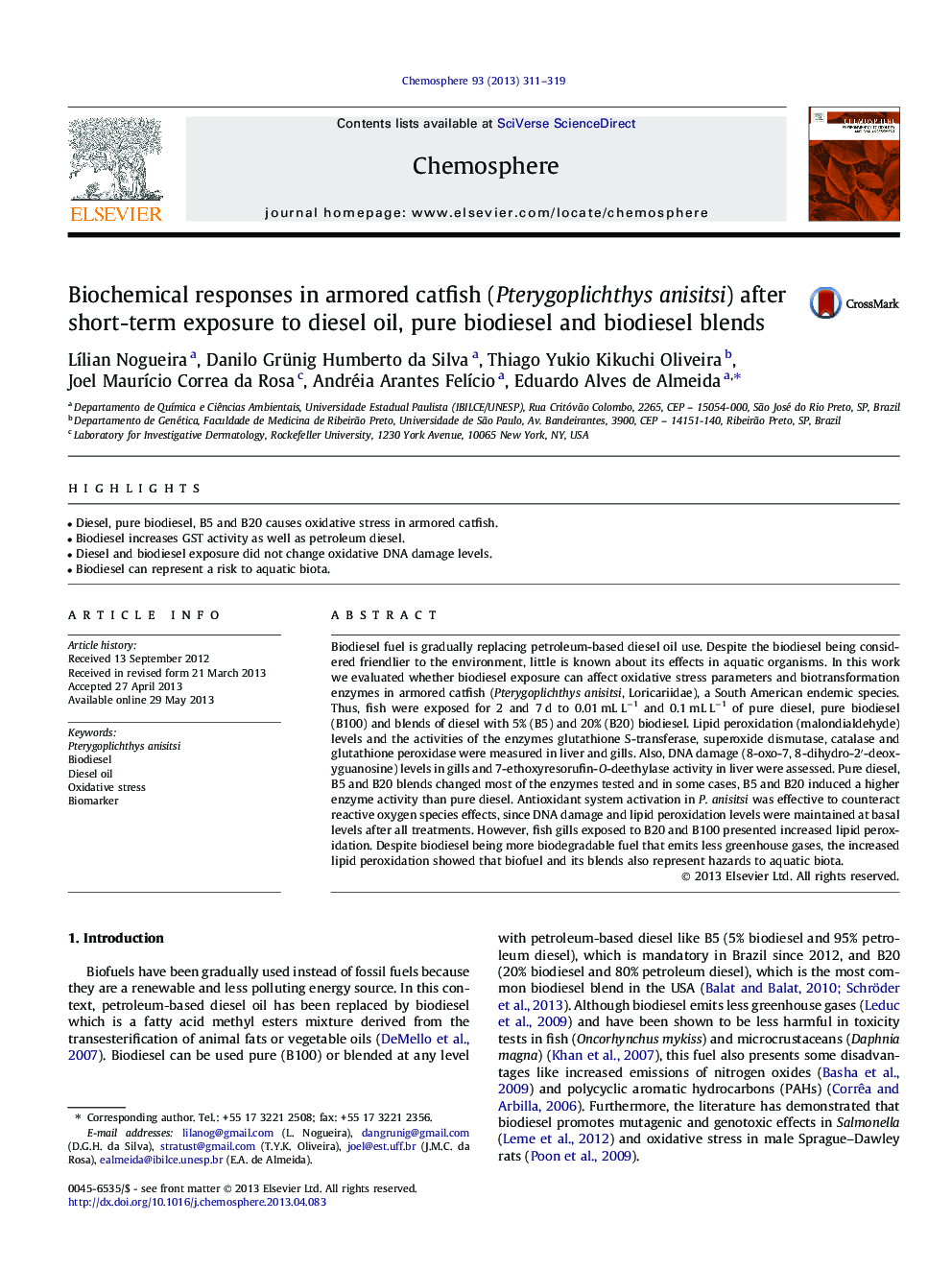 Biochemical responses in armored catfish (Pterygoplichthys anisitsi) after short-term exposure to diesel oil, pure biodiesel and biodiesel blends