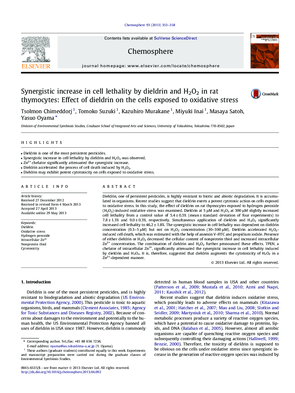 Synergistic increase in cell lethality by dieldrin and H2O2 in rat thymocytes: Effect of dieldrin on the cells exposed to oxidative stress