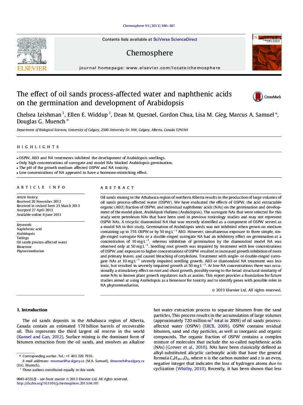 The effect of oil sands process-affected water and naphthenic acids on the germination and development of Arabidopsis