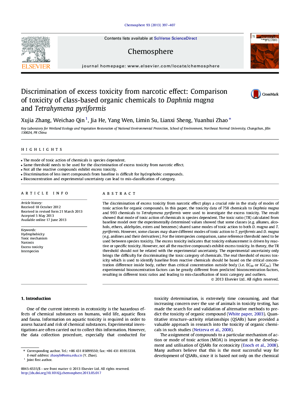 Discrimination of excess toxicity from narcotic effect: Comparison of toxicity of class-based organic chemicals to Daphnia magna and Tetrahymena pyriformis