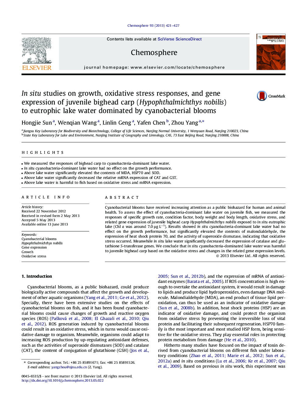 In situ studies on growth, oxidative stress responses, and gene expression of juvenile bighead carp (Hypophthalmichthys nobilis) to eutrophic lake water dominated by cyanobacterial blooms