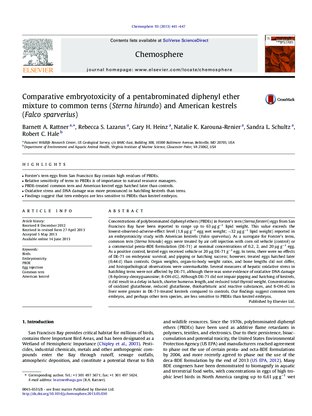 Comparative embryotoxicity of a pentabrominated diphenyl ether mixture to common terns (Sterna hirundo) and American kestrels (Falco sparverius)