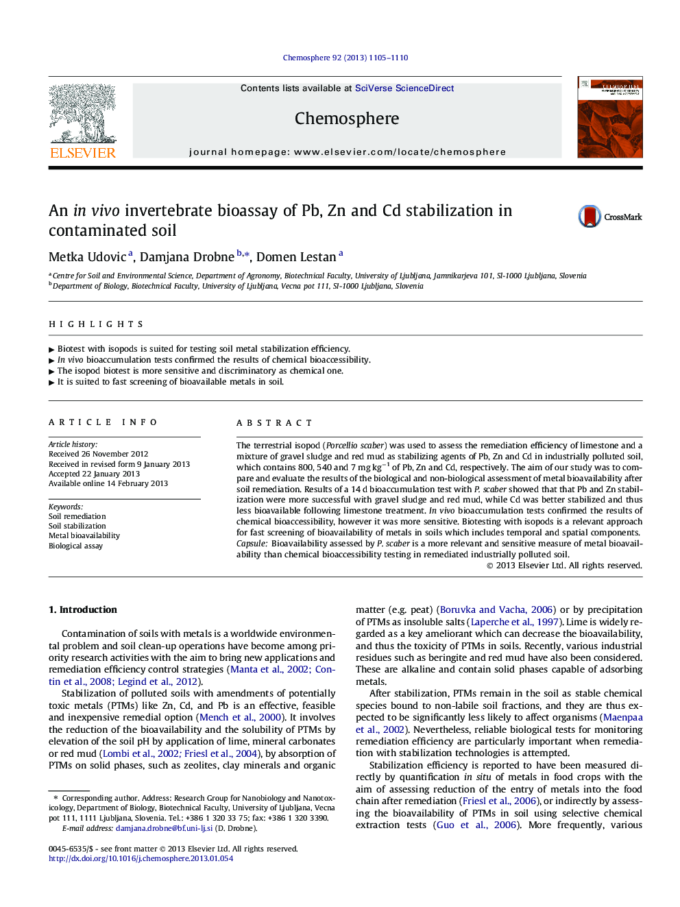 An in vivo invertebrate bioassay of Pb, Zn and Cd stabilization in contaminated soil