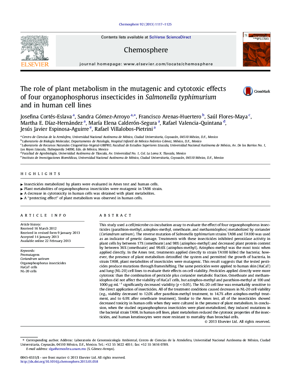 The role of plant metabolism in the mutagenic and cytotoxic effects of four organophosphorus insecticides in Salmonella typhimurium and in human cell lines