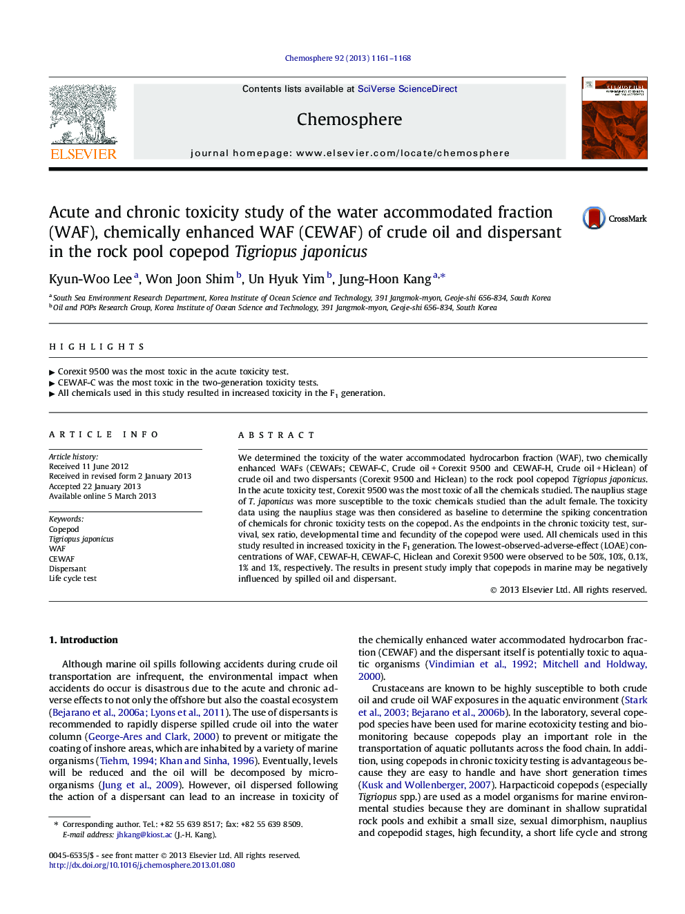 Acute and chronic toxicity study of the water accommodated fraction (WAF), chemically enhanced WAF (CEWAF) of crude oil and dispersant in the rock pool copepod Tigriopus japonicus