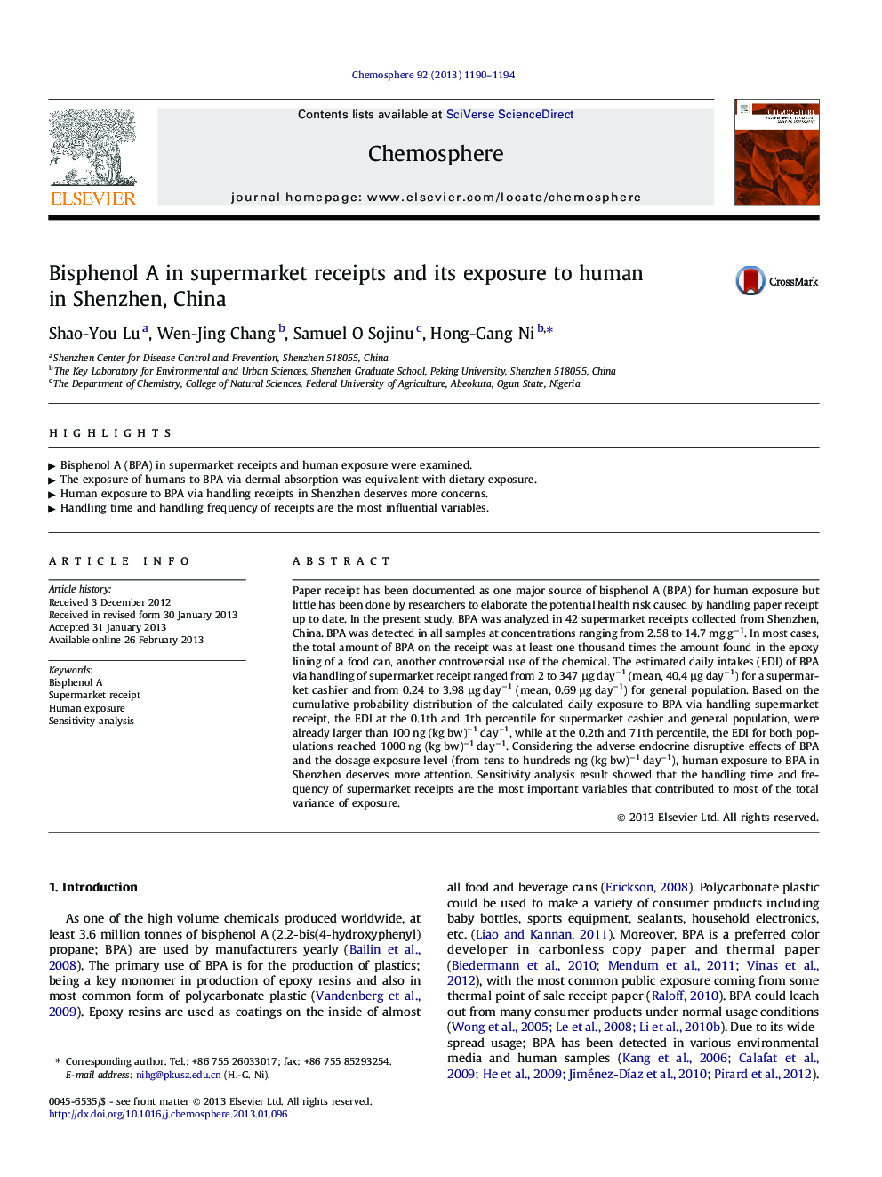 Bisphenol A in supermarket receipts and its exposure to human in Shenzhen, China