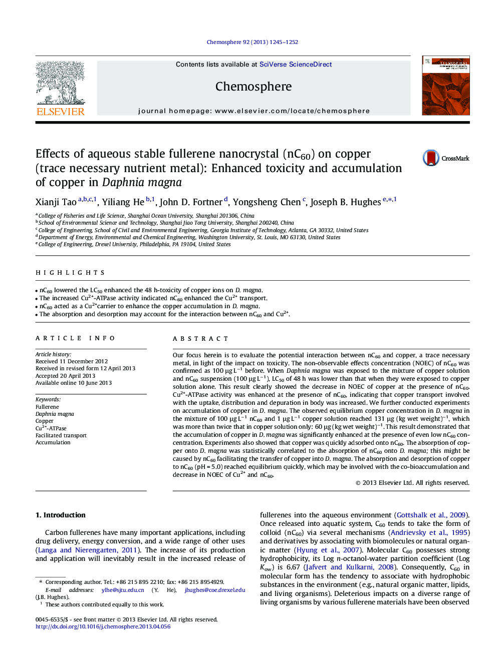 Effects of aqueous stable fullerene nanocrystal (nC60) on copper (trace necessary nutrient metal): Enhanced toxicity and accumulation of copper in Daphnia magna