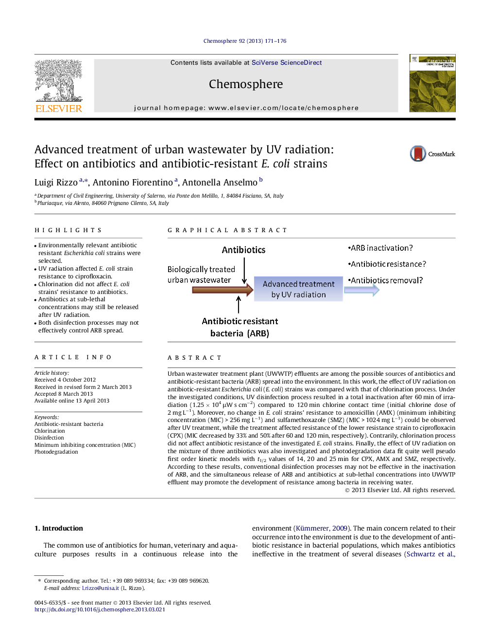 Advanced treatment of urban wastewater by UV radiation: Effect on antibiotics and antibiotic-resistant E. coli strains