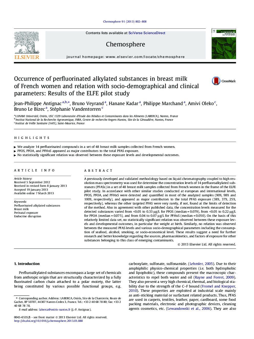 Occurrence of perfluorinated alkylated substances in breast milk of French women and relation with socio-demographical and clinical parameters: Results of the ELFE pilot study