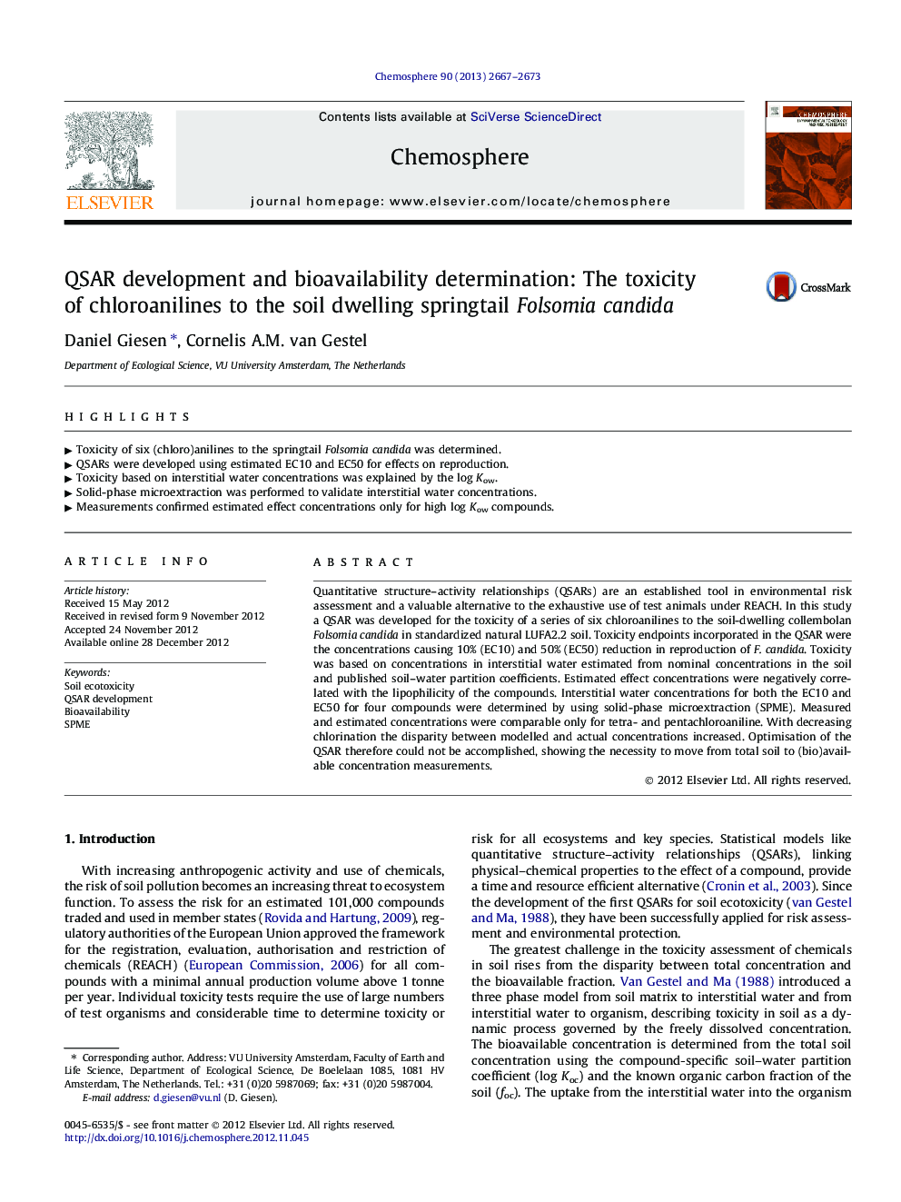 QSAR development and bioavailability determination: The toxicity of chloroanilines to the soil dwelling springtail Folsomia candida