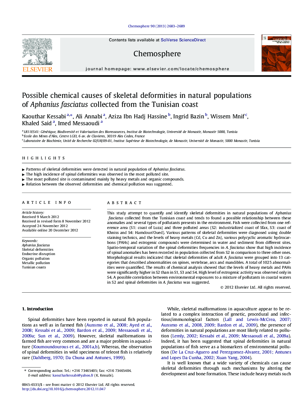 Possible chemical causes of skeletal deformities in natural populations of Aphanius fasciatus collected from the Tunisian coast