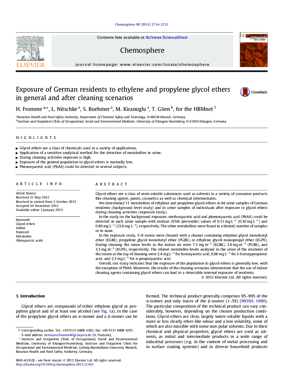 Exposure of German residents to ethylene and propylene glycol ethers in general and after cleaning scenarios