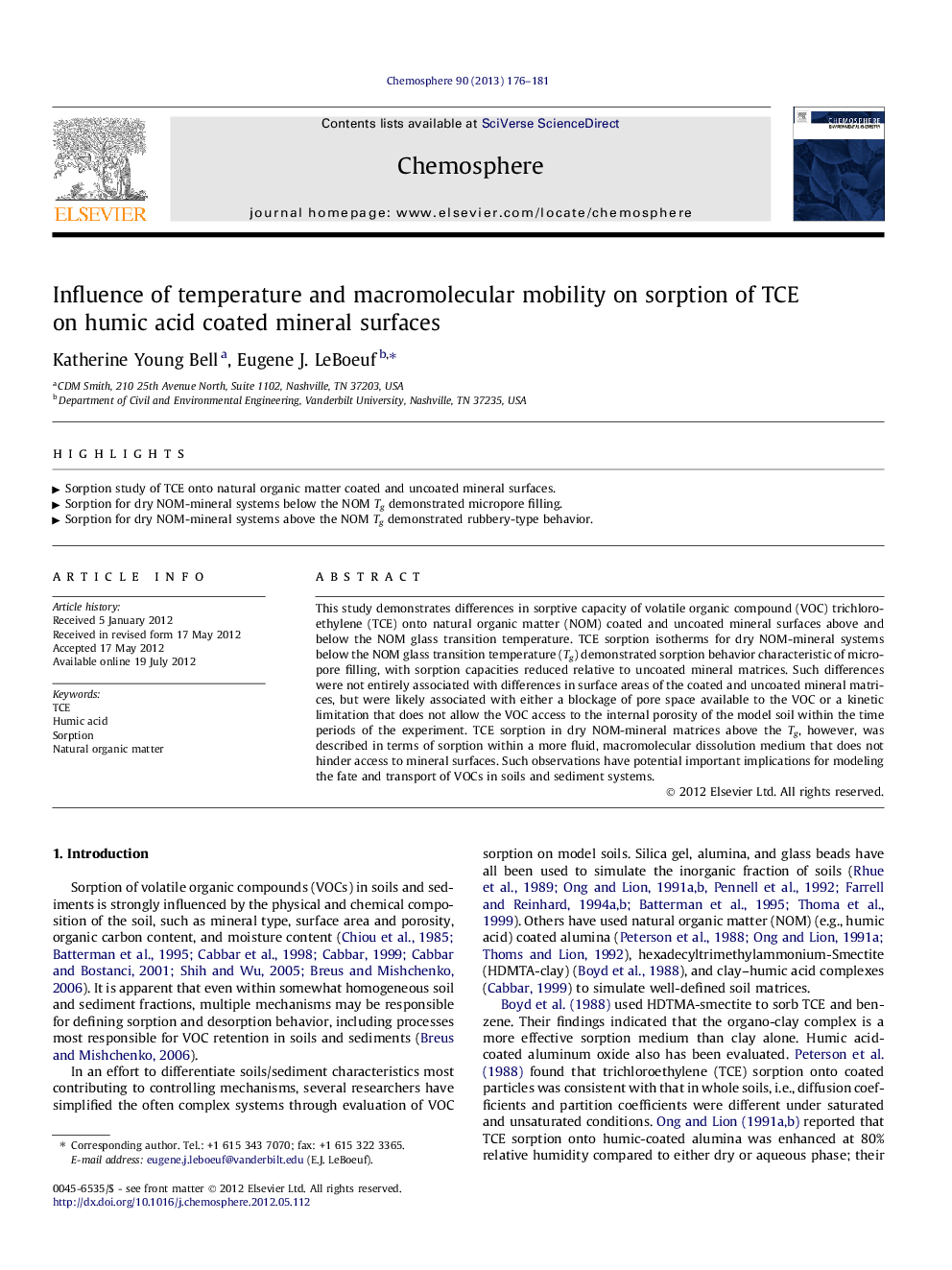 Influence of temperature and macromolecular mobility on sorption of TCE on humic acid coated mineral surfaces