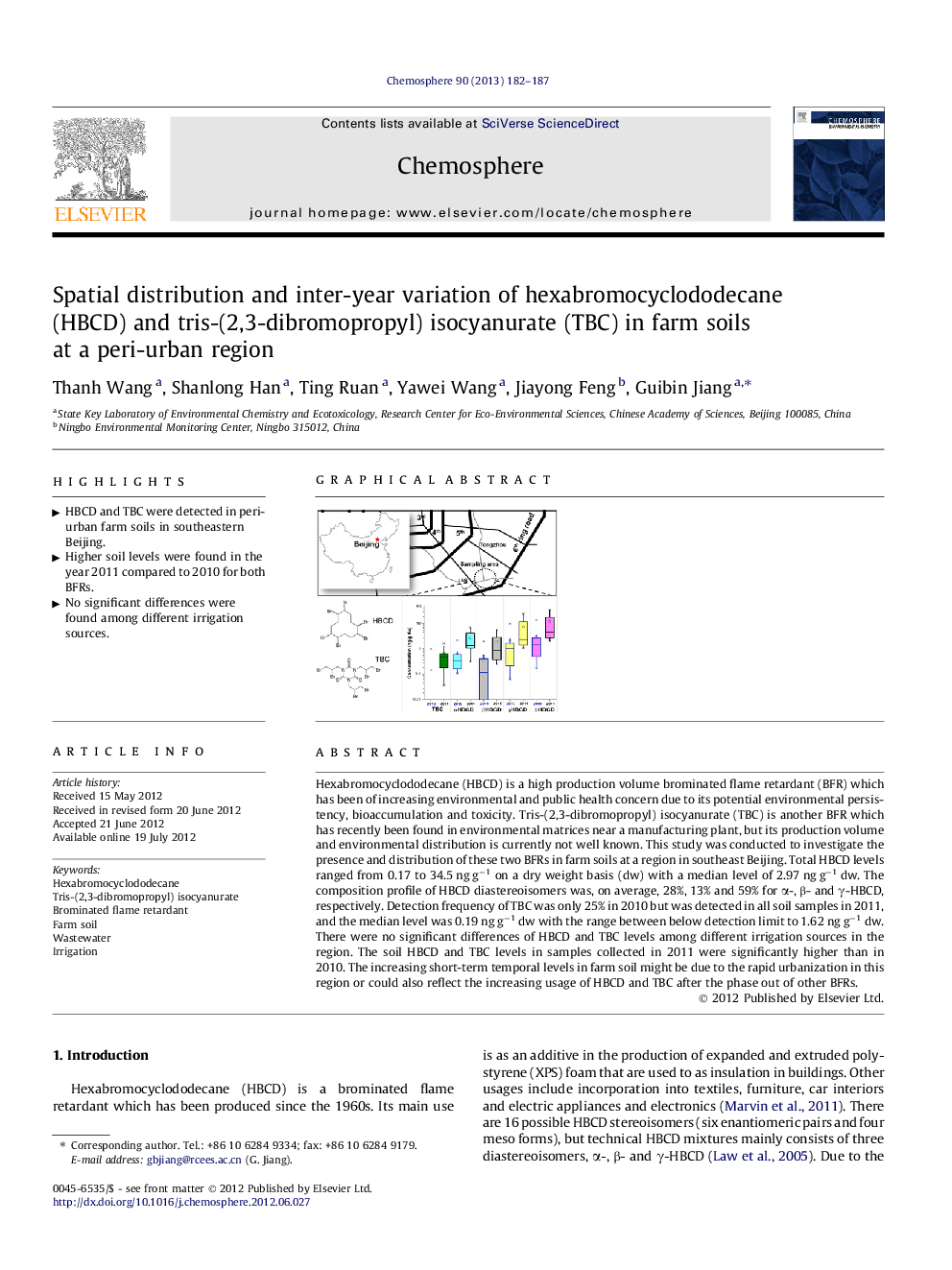 Spatial distribution and inter-year variation of hexabromocyclododecane (HBCD) and tris-(2,3-dibromopropyl) isocyanurate (TBC) in farm soils at a peri-urban region