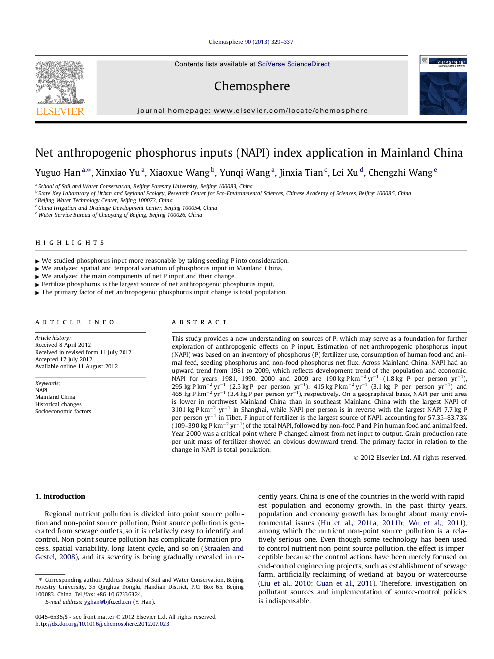 Net anthropogenic phosphorus inputs (NAPI) index application in Mainland China