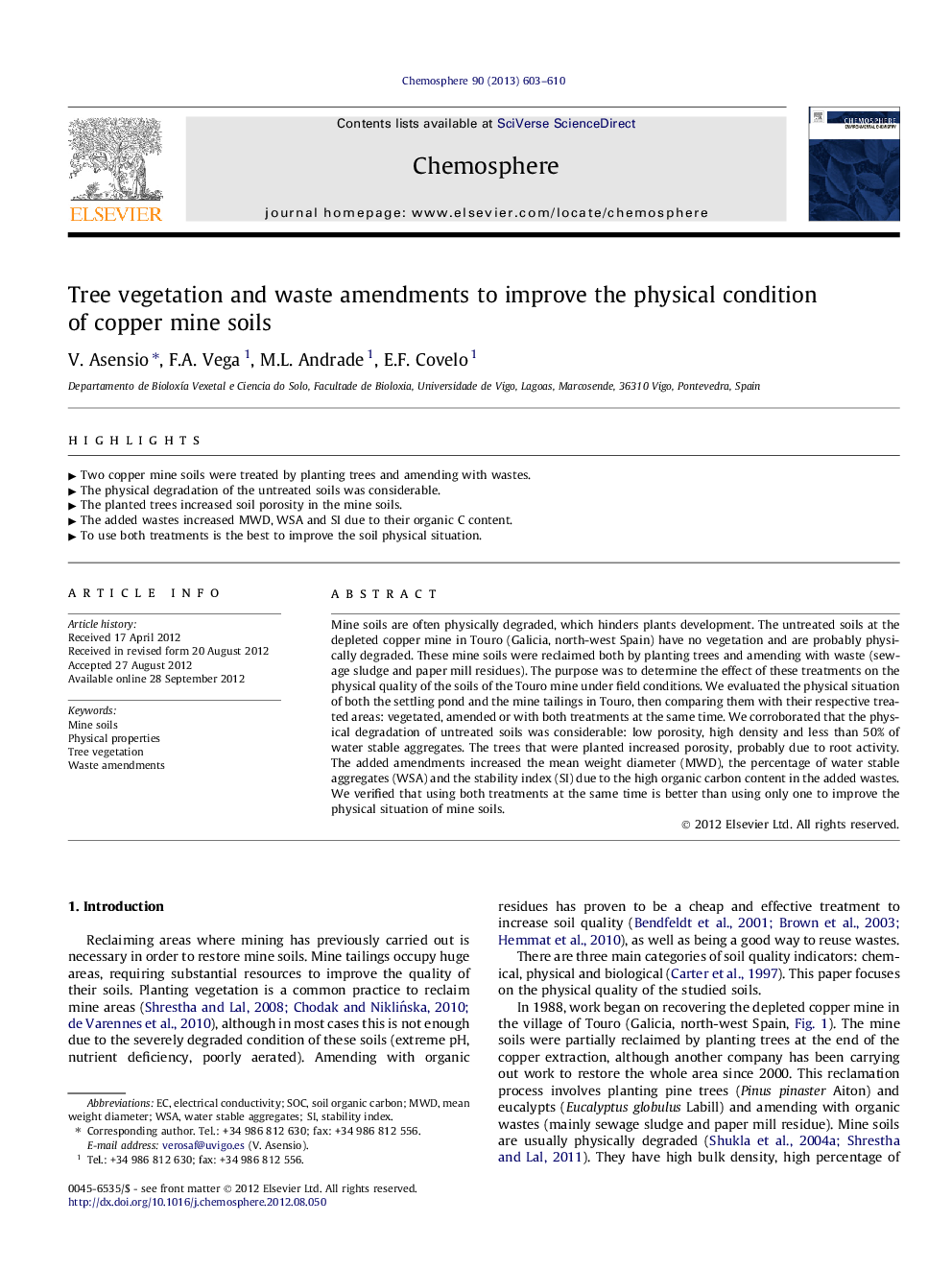 Tree vegetation and waste amendments to improve the physical condition of copper mine soils