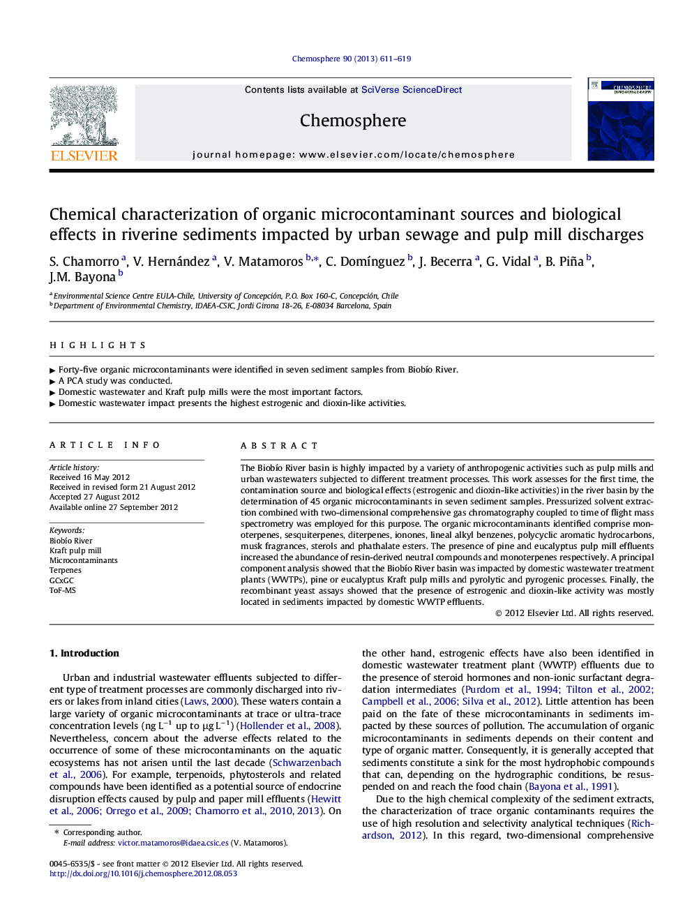 Chemical characterization of organic microcontaminant sources and biological effects in riverine sediments impacted by urban sewage and pulp mill discharges