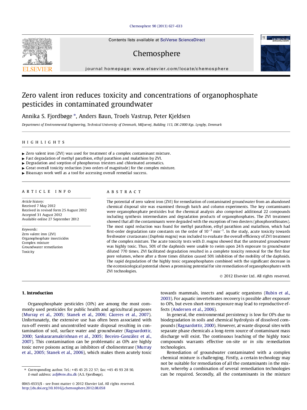 عکس صفحه اول مقاله: Zero valent iron reduces toxicity and concentrations of organophosphate pesticides in contaminated groundwater Zero valent iron reduces toxicity and concentrations of organophosphate pesticides in contaminated groundwater