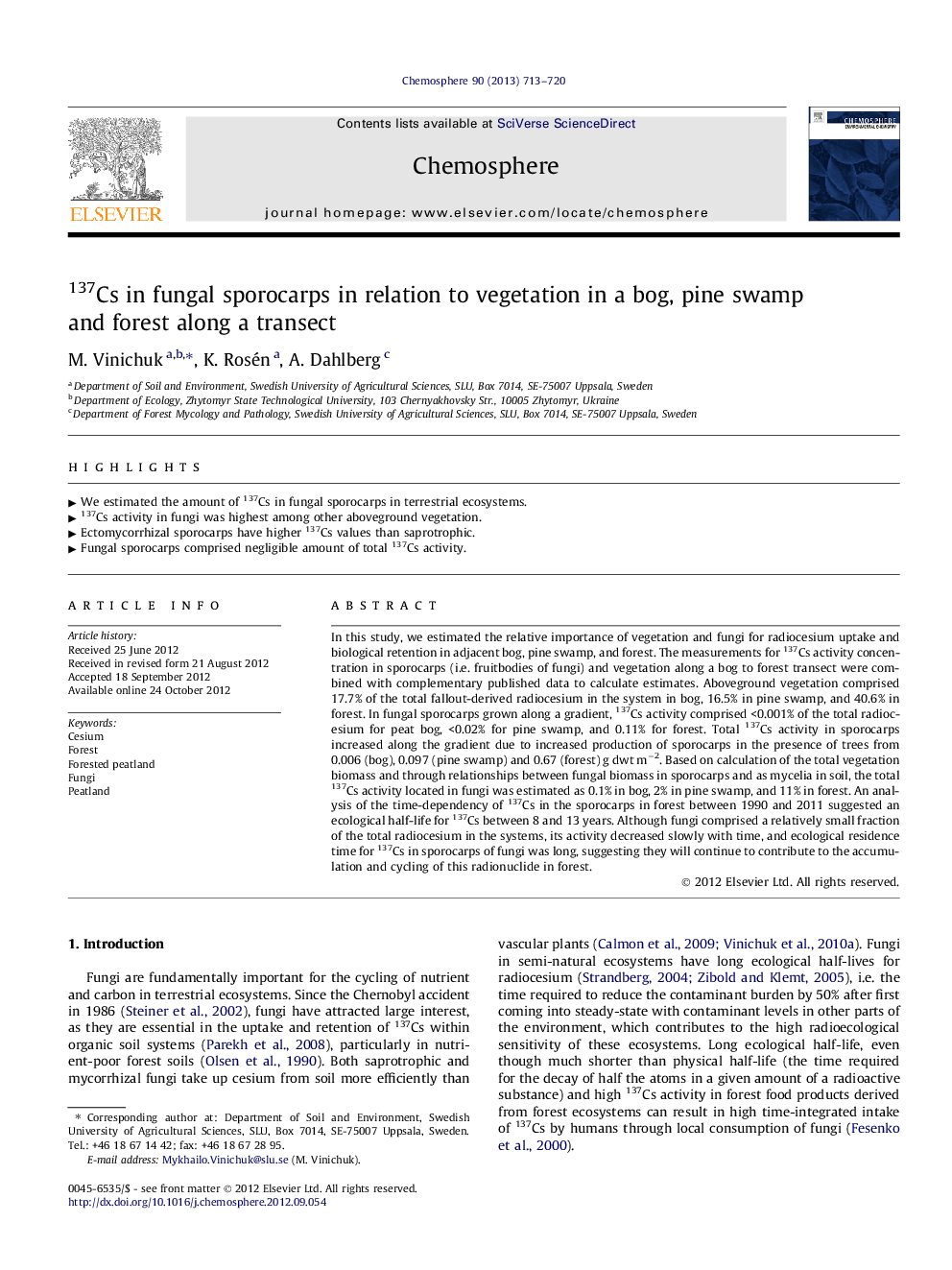 137Cs in fungal sporocarps in relation to vegetation in a bog, pine swamp and forest along a transect