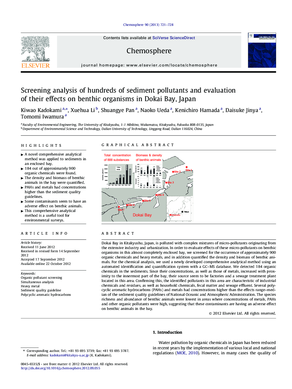 Screening analysis of hundreds of sediment pollutants and evaluation of their effects on benthic organisms in Dokai Bay, Japan