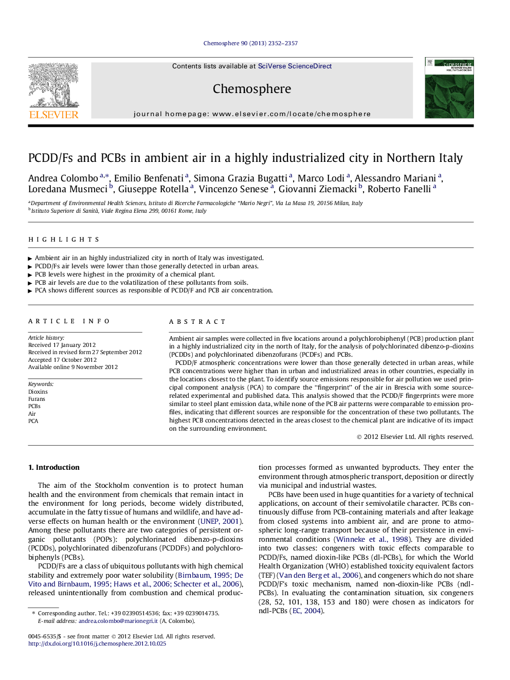 PCDD/Fs and PCBs in ambient air in a highly industrialized city in Northern Italy