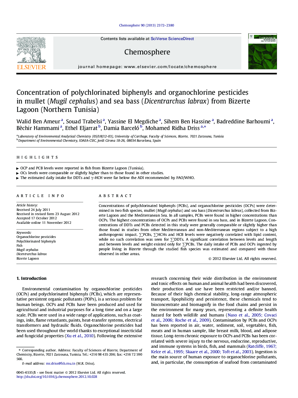 Concentration of polychlorinated biphenyls and organochlorine pesticides in mullet (Mugil cephalus) and sea bass (Dicentrarchus labrax) from Bizerte Lagoon (Northern Tunisia)