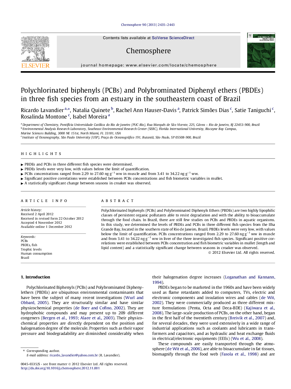 Polychlorinated biphenyls (PCBs) and Polybrominated Diphenyl ethers (PBDEs) in three fish species from an estuary in the southeastern coast of Brazil