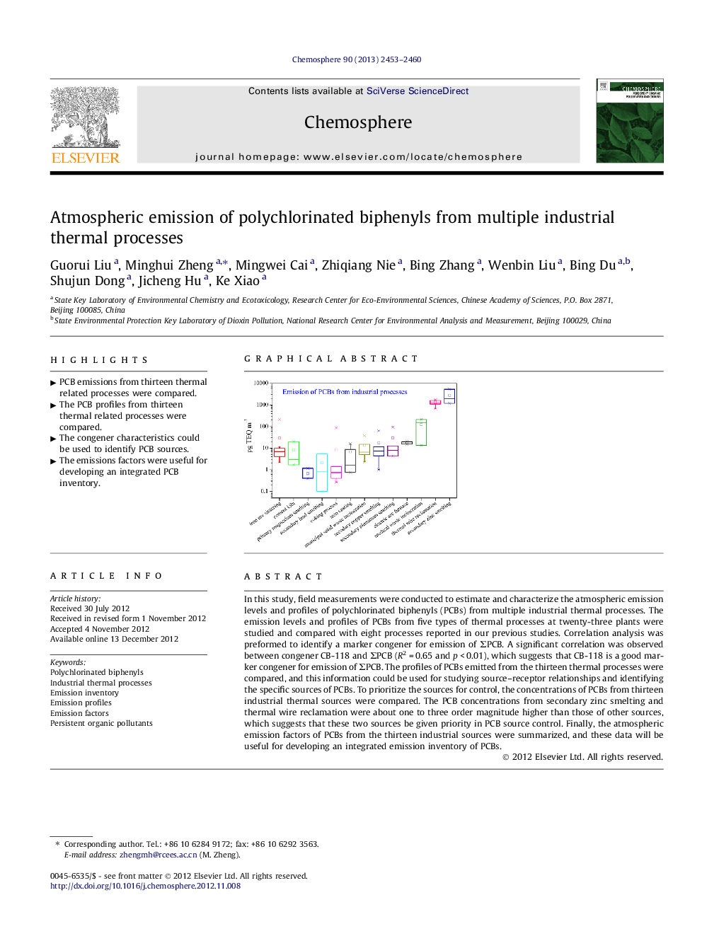 Atmospheric emission of polychlorinated biphenyls from multiple industrial thermal processes