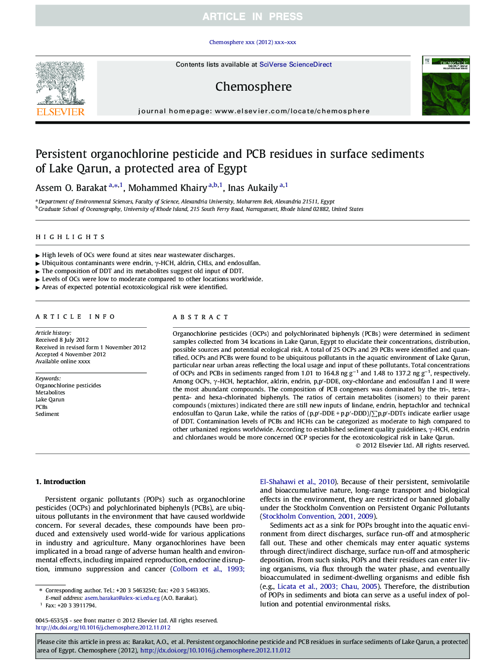 Persistent organochlorine pesticide and PCB residues in surface sediments of Lake Qarun, a protected area of Egypt