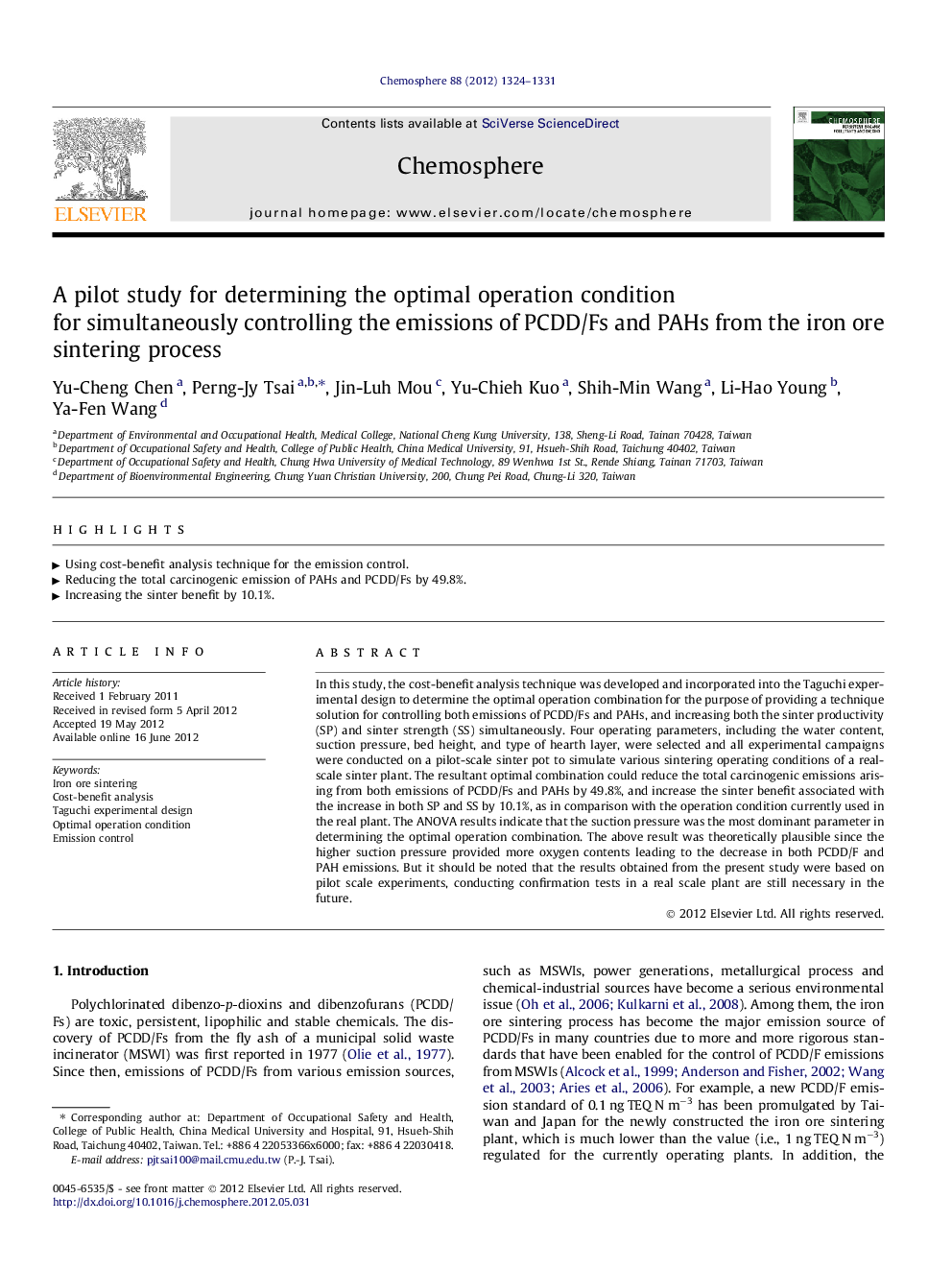 A pilot study for determining the optimal operation condition for simultaneously controlling the emissions of PCDD/Fs and PAHs from the iron ore sintering process