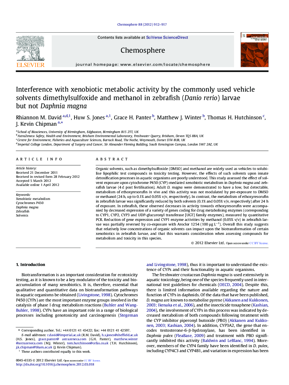 Interference with xenobiotic metabolic activity by the commonly used vehicle solvents dimethylsulfoxide and methanol in zebrafish (Danio rerio) larvae but not Daphnia magna